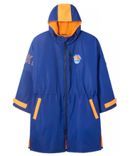 Load image into Gallery viewer, Front view of Selkie waterproof changing robe in navy with orange sherpa lining.